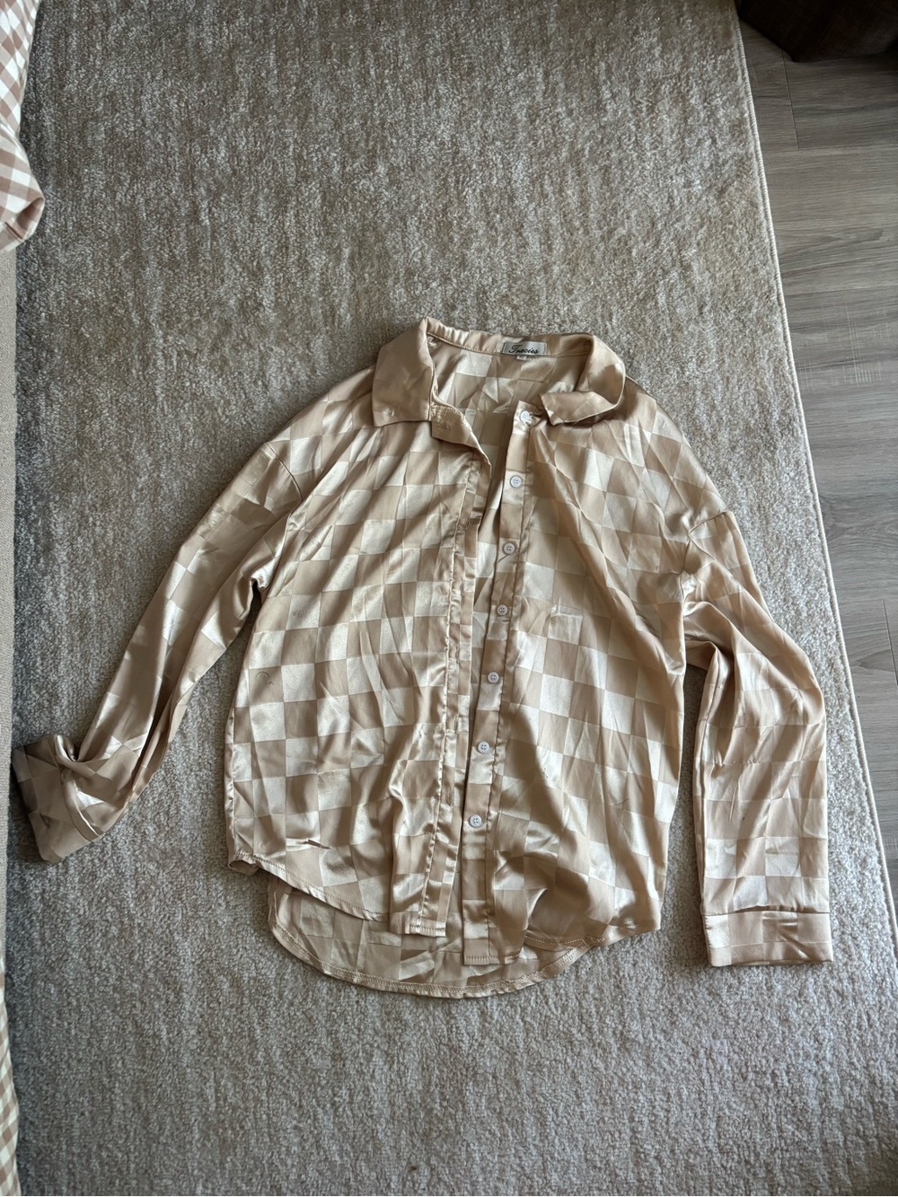 Women's Beige Check Satin Button-Up Shirt
